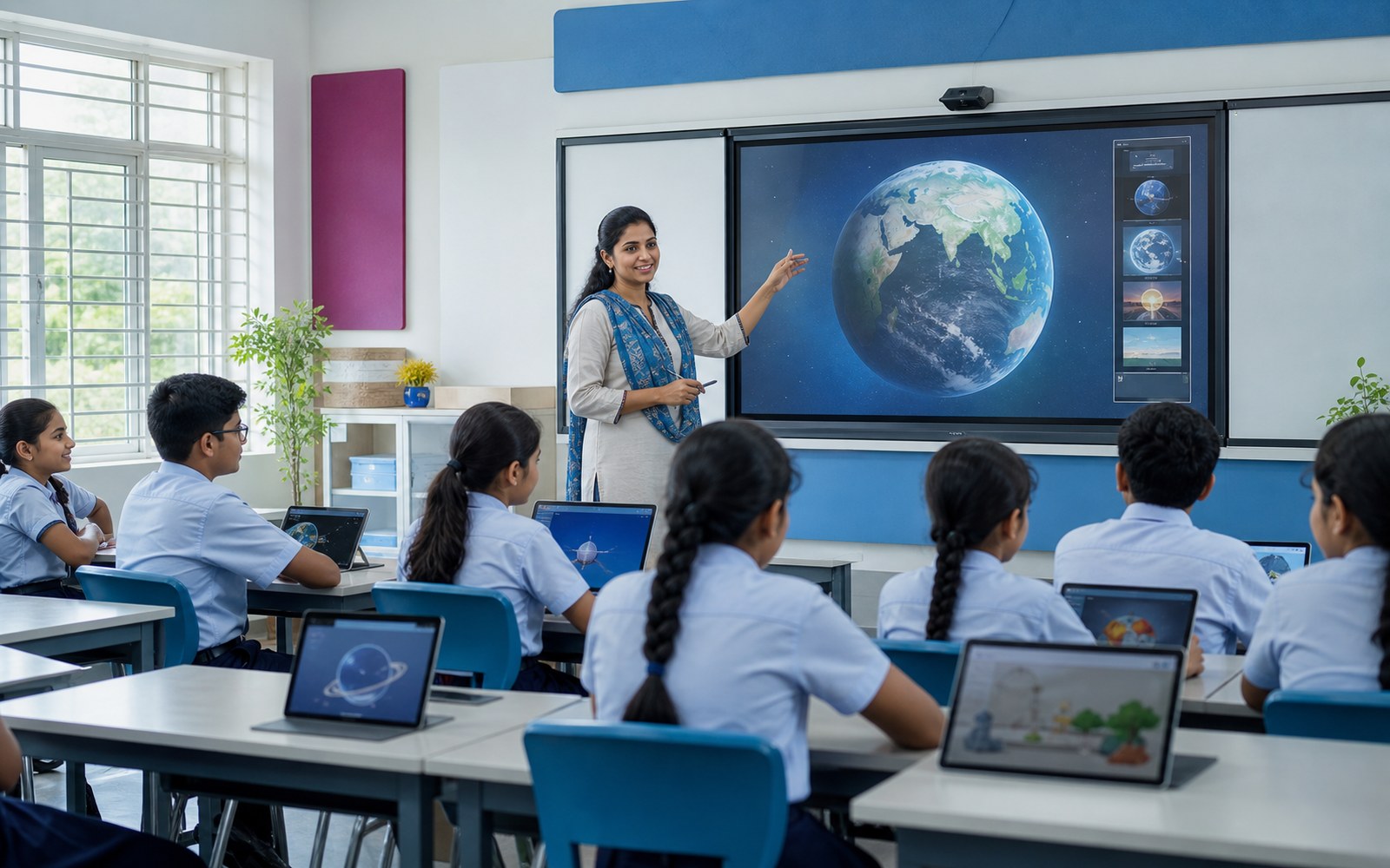 Indian classroom using connected interactive displays and student devices